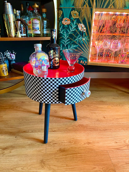 Check - black and white with red round bedside table. Checkerboard retro midcentury vibe Nightstand .