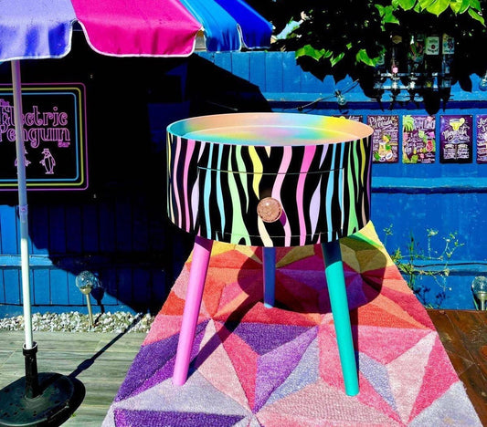 Pastel Zebra - Black round wooden side table cabinet in black, ideal for bedside table or night stand. Multicolored top. Ombre home decor .