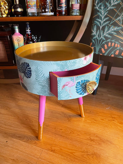 Flamingo - Mint Round small table with drawer. Ideal for nightstand, end table or side table. Pink and mint green flamingo design with gold top