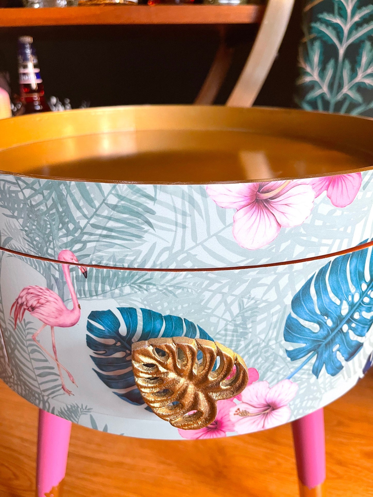 Flamingo - Mint Round small table with drawer. Ideal for nightstand, end table or side table. Pink and mint green flamingo design with gold top