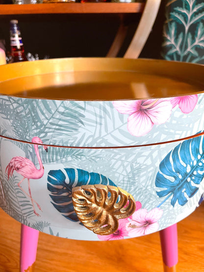 Flamingo - Mint Round small table with drawer. Ideal for nightstand, end table or side table. Pink and mint green flamingo design with gold top