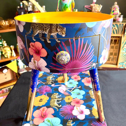 Flocking Fab - Navy and Mustard bedside table completely personalised.  Pink, yellow and navy living room side table, ideal nightstand.