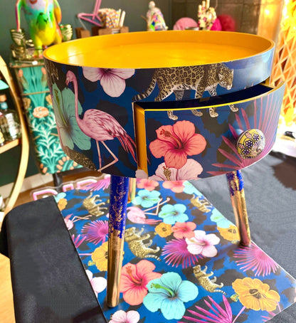 Flocking Fab - Navy and Mustard bedside table completely personalised.  Pink, yellow and navy living room side table, ideal nightstand.