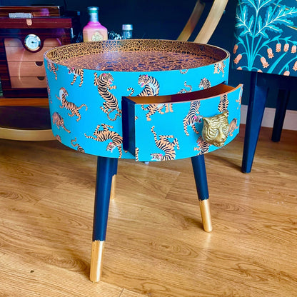 Tiger Table - Turquoise and orange tiger bedside table with gold handle . Ideal for nightstand or sidetable . Round table with drawer. Customisable
