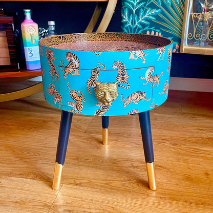 Tiger Table - Turquoise and orange tiger bedside table with gold handle . Ideal for nightstand or sidetable . Round table with drawer. Customisable
