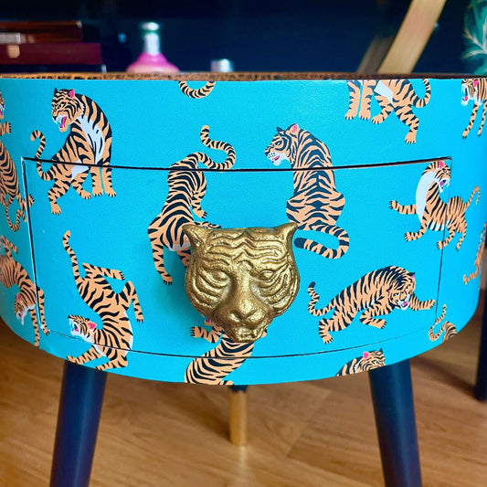 Tiger Table - Turquoise and orange tiger bedside table with gold handle . Ideal for nightstand or sidetable . Round table with drawer. Customisable