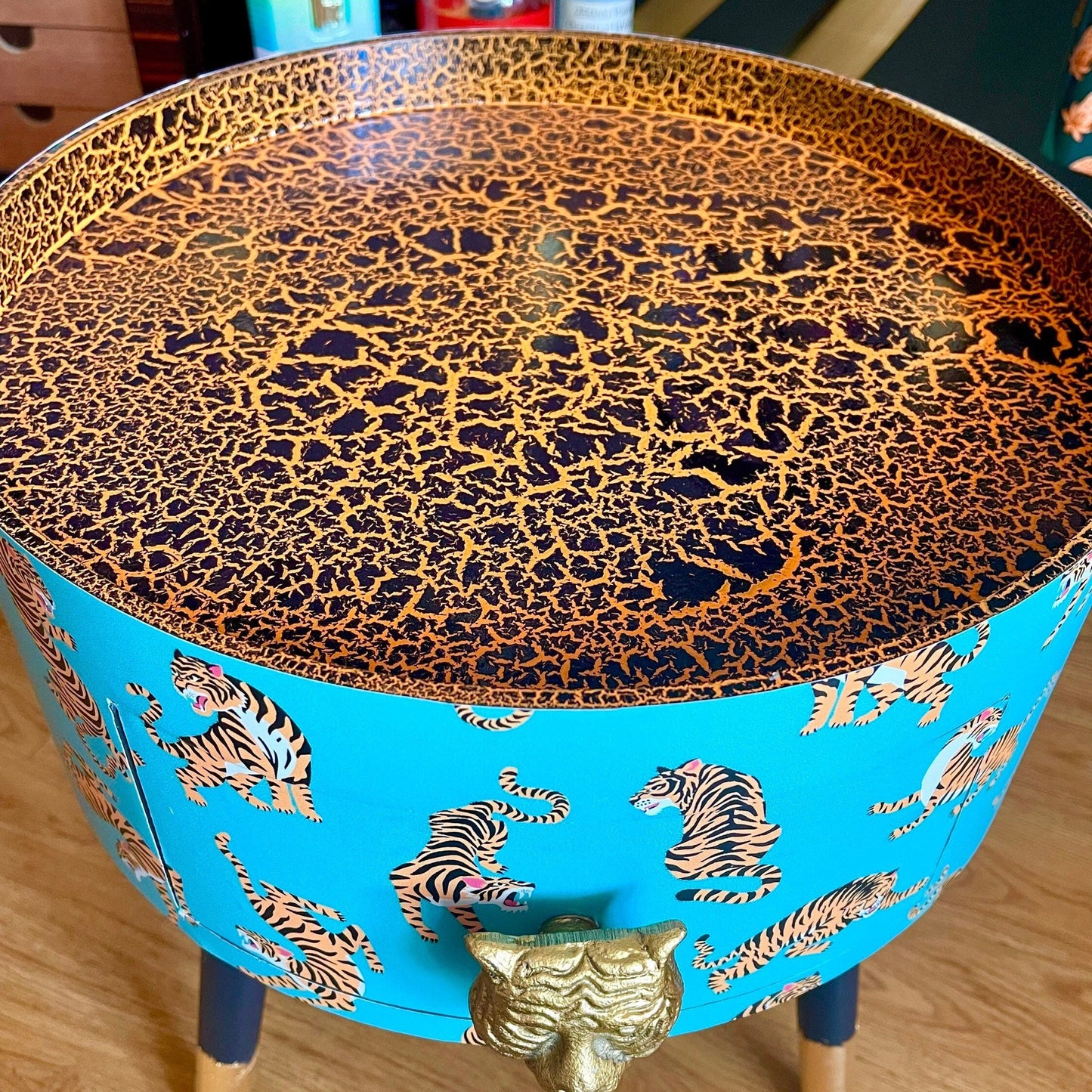 Tiger Table - Turquoise and orange tiger bedside table with gold handle . Ideal for nightstand or sidetable . Round table with drawer. Customisable