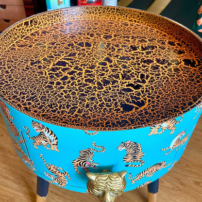Tiger Table - Turquoise and orange tiger bedside table with gold handle . Ideal for nightstand or sidetable . Round table with drawer. Customisable
