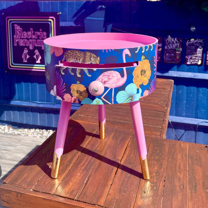 Flocking Fab - Navy Pink and Blue tropical side table . Flamingo and leopard print nightstand , Gold leaf legs bedside table , flamingo and cheetah design