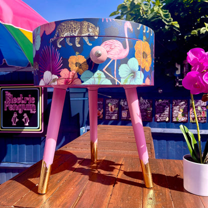 Flocking Fab - Navy Pink and Blue tropical side table . Flamingo and leopard print nightstand , Gold leaf legs bedside table , flamingo and cheetah design