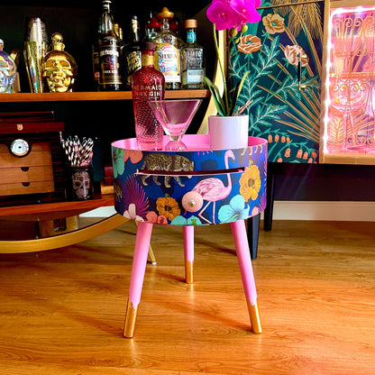 Flocking Fab - Navy Pink and Blue tropical side table . Flamingo and leopard print nightstand , Gold leaf legs bedside table , flamingo and cheetah design
