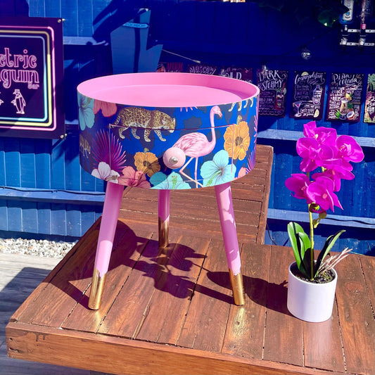 Flocking Fab - Navy Pink and Blue tropical side table . Flamingo and leopard print nightstand , Gold leaf legs bedside table , flamingo and cheetah design