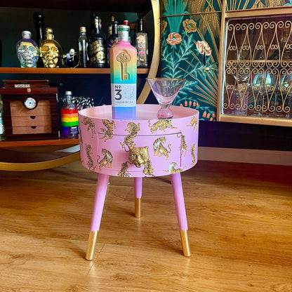 Tiger Table - Light Pink round bedside table . Fun Bright Home Decor . Ideal for Nightstand or side table. Comes with inbuilt drawer