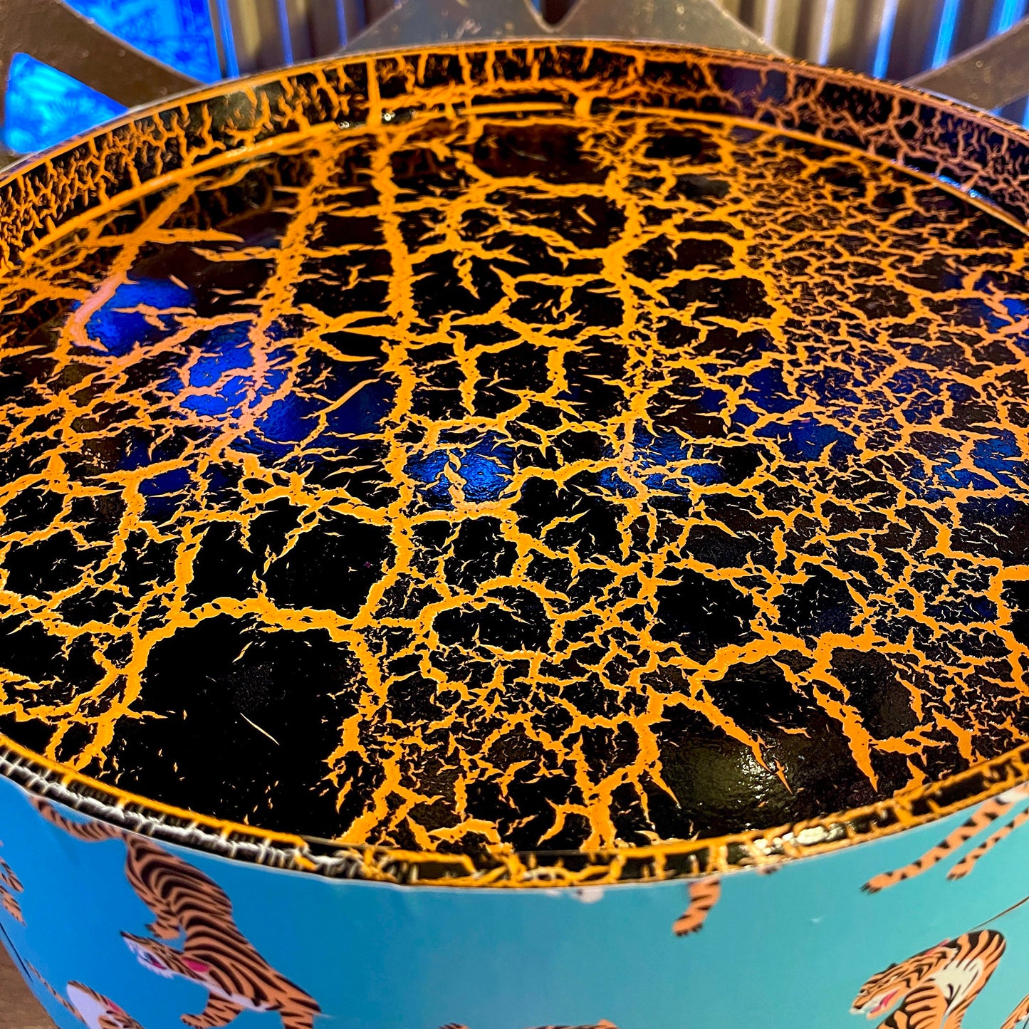 Tiger Table - Turquoise circular tiger table with pink handle . Ideal for nightstand or sidetable . Comes with inbuilt drawer. Customisable