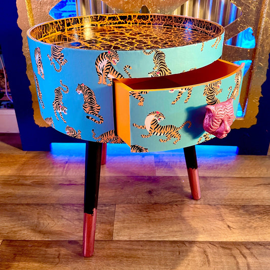Tiger Table - Turquoise circular tiger table with pink handle . Ideal for nightstand or sidetable . Comes with inbuilt drawer. Customisable