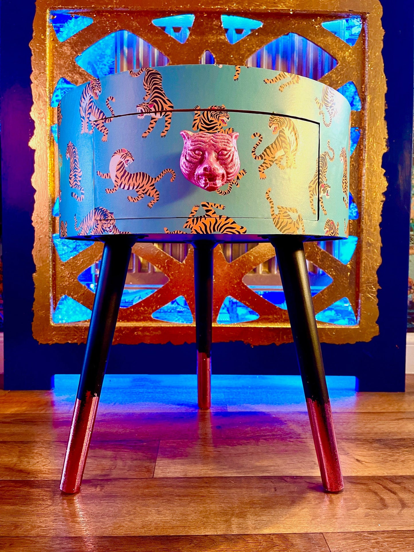 Tiger Table - Turquoise circular tiger table with pink handle . Ideal for nightstand or sidetable . Comes with inbuilt drawer. Customisable