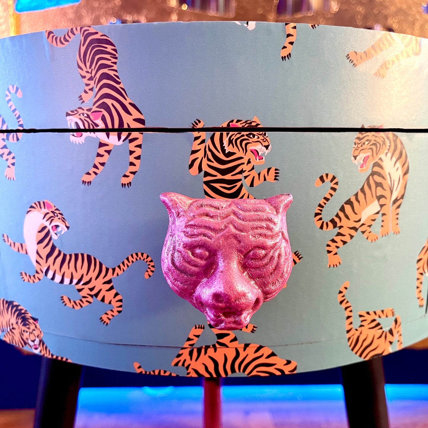 Tiger Table - Turquoise circular tiger table with pink handle . Ideal for nightstand or sidetable . Comes with inbuilt drawer. Customisable
