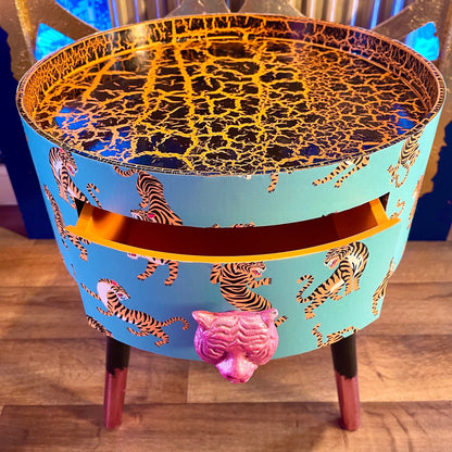 Tiger Table - Turquoise circular tiger table with pink handle . Ideal for nightstand or sidetable . Comes with inbuilt drawer. Customisable