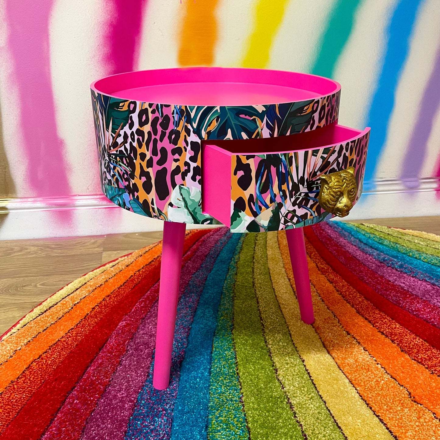 Leopard with Palm - Hot Pink wooden coffee table , tropical and orange leopard print , Animal and floral print.  Round table with three legs, built in drawer