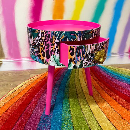 Leopard with Palm - Hot Pink wooden coffee table , tropical and orange leopard print , Animal and floral print.  Round table with three legs, built in drawer