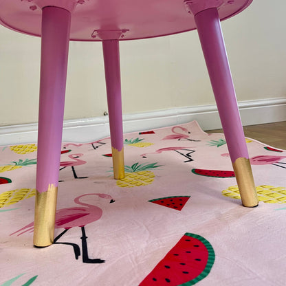 Flower - Wildflowers Pink round side table with floral design. Inbuilt drawer and three legs with bee handle. Boho decor. Flower wooden nightstand