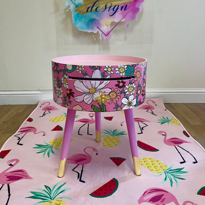 Flower - Wildflowers Pink round side table with floral design. Inbuilt drawer and three legs with bee handle. Boho decor. Flower wooden nightstand
