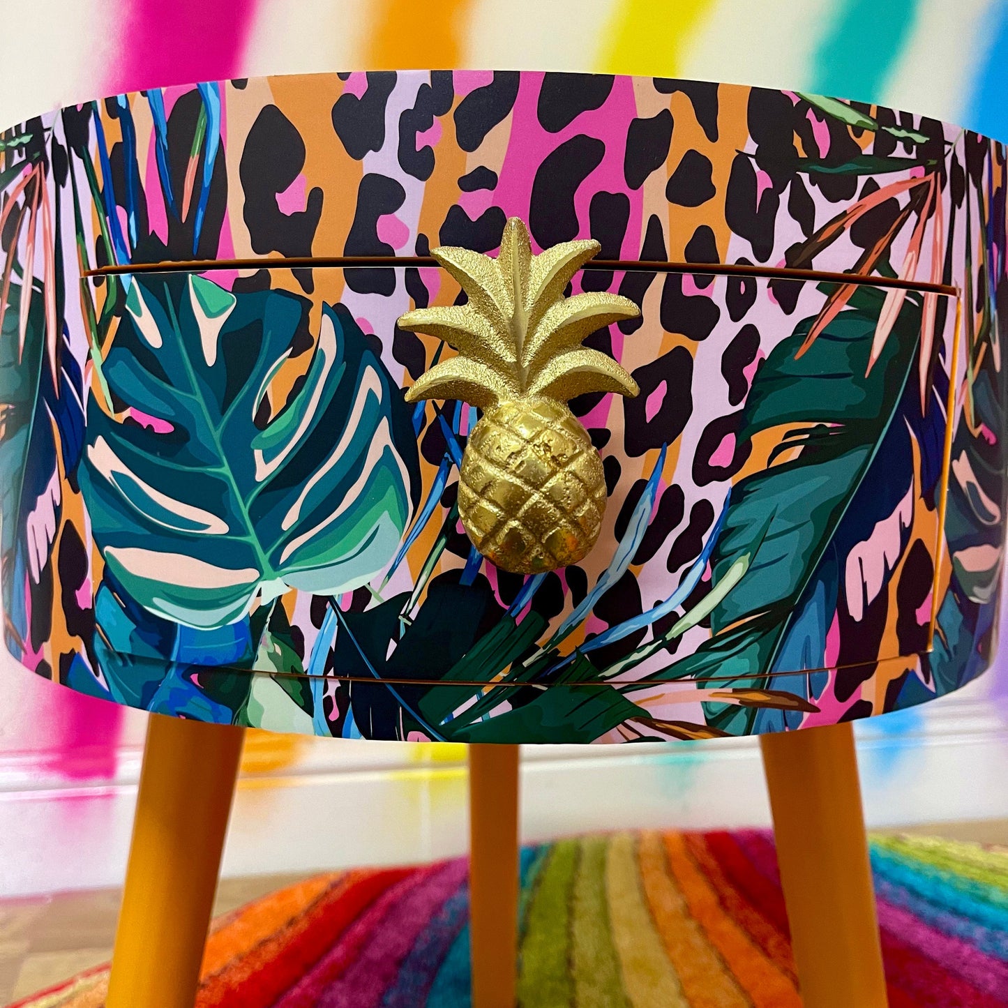 Leopard with Palm - Orange and Hot Pink coffee table , tropical and orange leopard print , Animal and floral print.  Round table with three legs, built in drawer