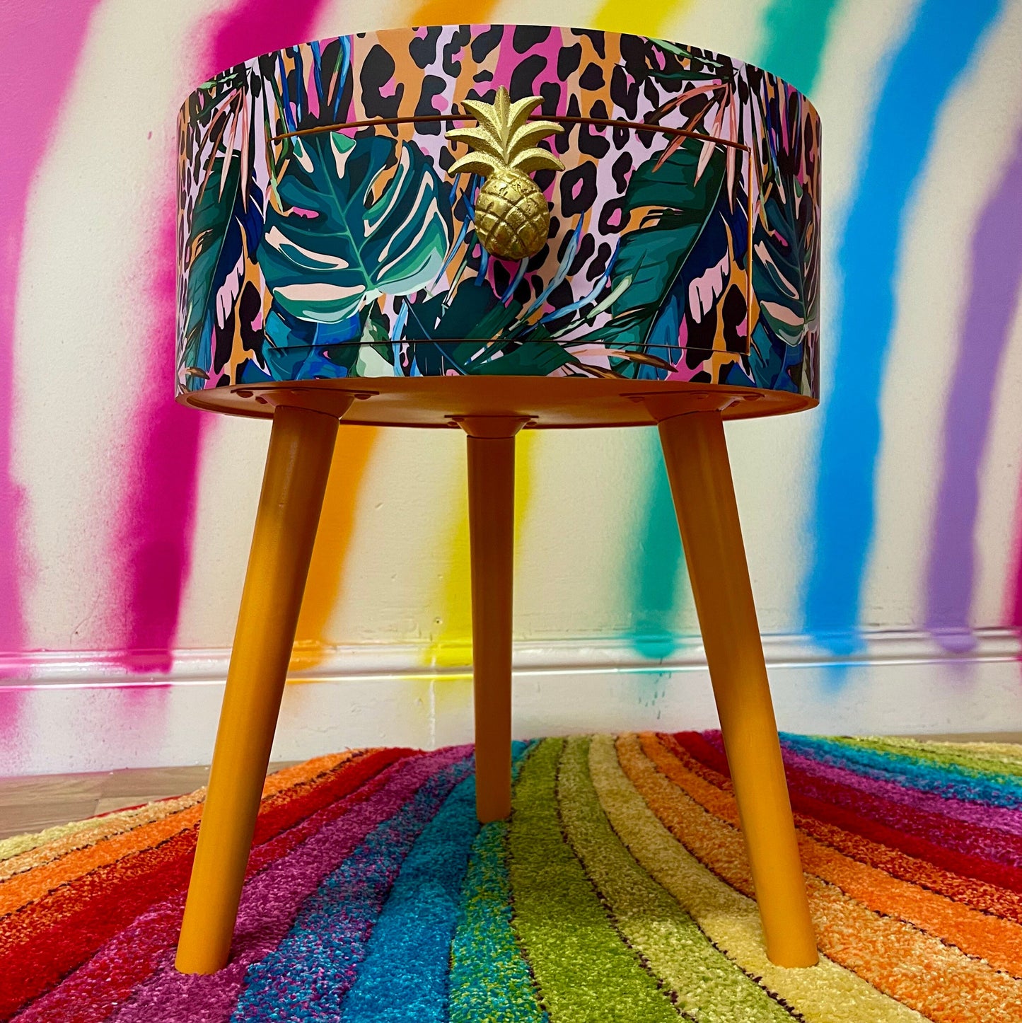 Leopard with Palm - Orange and Hot Pink coffee table , tropical and orange leopard print , Animal and floral print.  Round table with three legs, built in drawer