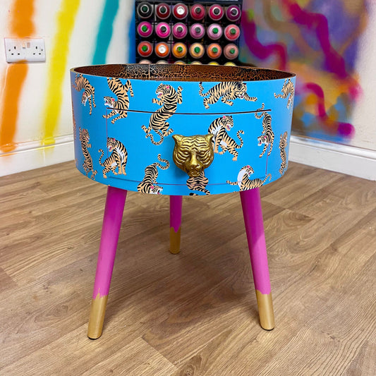 Tiger Table - Turquoise side table for bedroom, pink safari nursery decor girl, animal print tray top end tables with drawer, teenage girl room decor
