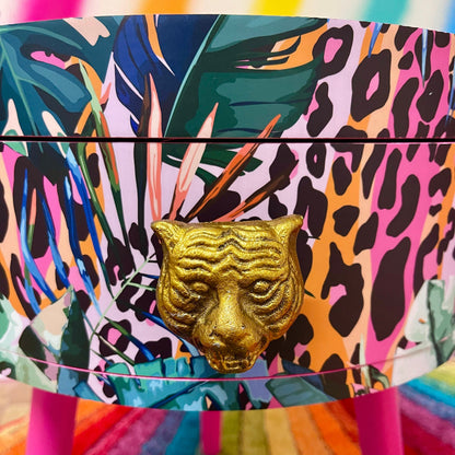 Leopard with Palm - Hot Pink wooden coffee table , tropical and orange leopard print , Animal and floral print.  Round table with three legs, built in drawer