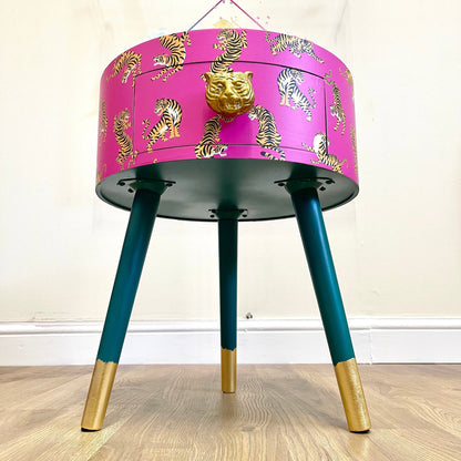 Tiger Table - Hot Pink round bedside table . Fun Bright Home Decor . Ideal for Nightstand or side table. Comes with inbuilt drawer
