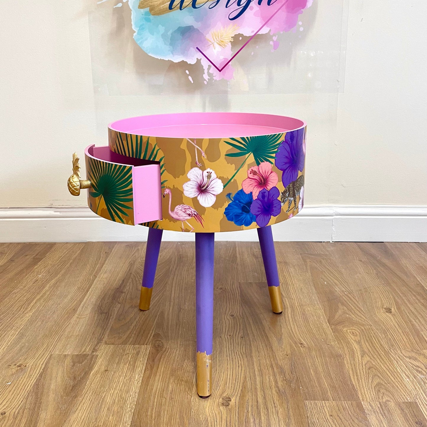 Flocking Fab - Yellow Round eclectic yellow nightstand with tropical design, mustard bedside table with built in drawer