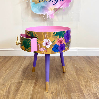 Flocking Fab - Yellow Round eclectic yellow nightstand with tropical design, mustard bedside table with built in drawer