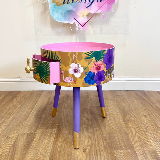 Flocking Fab - Yellow Round eclectic yellow nightstand with tropical design, mustard bedside table with built in drawer