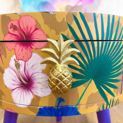 Flocking Fab - Yellow Round eclectic yellow nightstand with tropical design, mustard bedside table with built in drawer