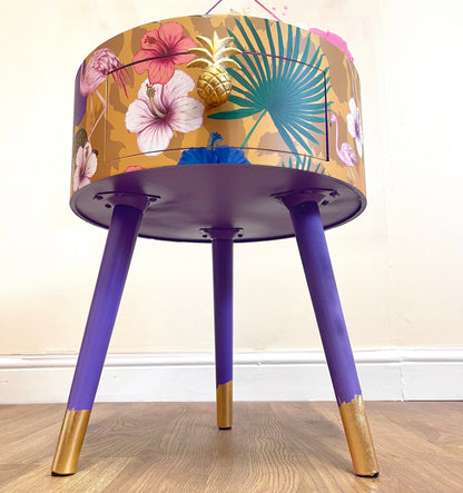 Flocking Fab - Yellow Round eclectic yellow nightstand with tropical design, mustard bedside table with built in drawer