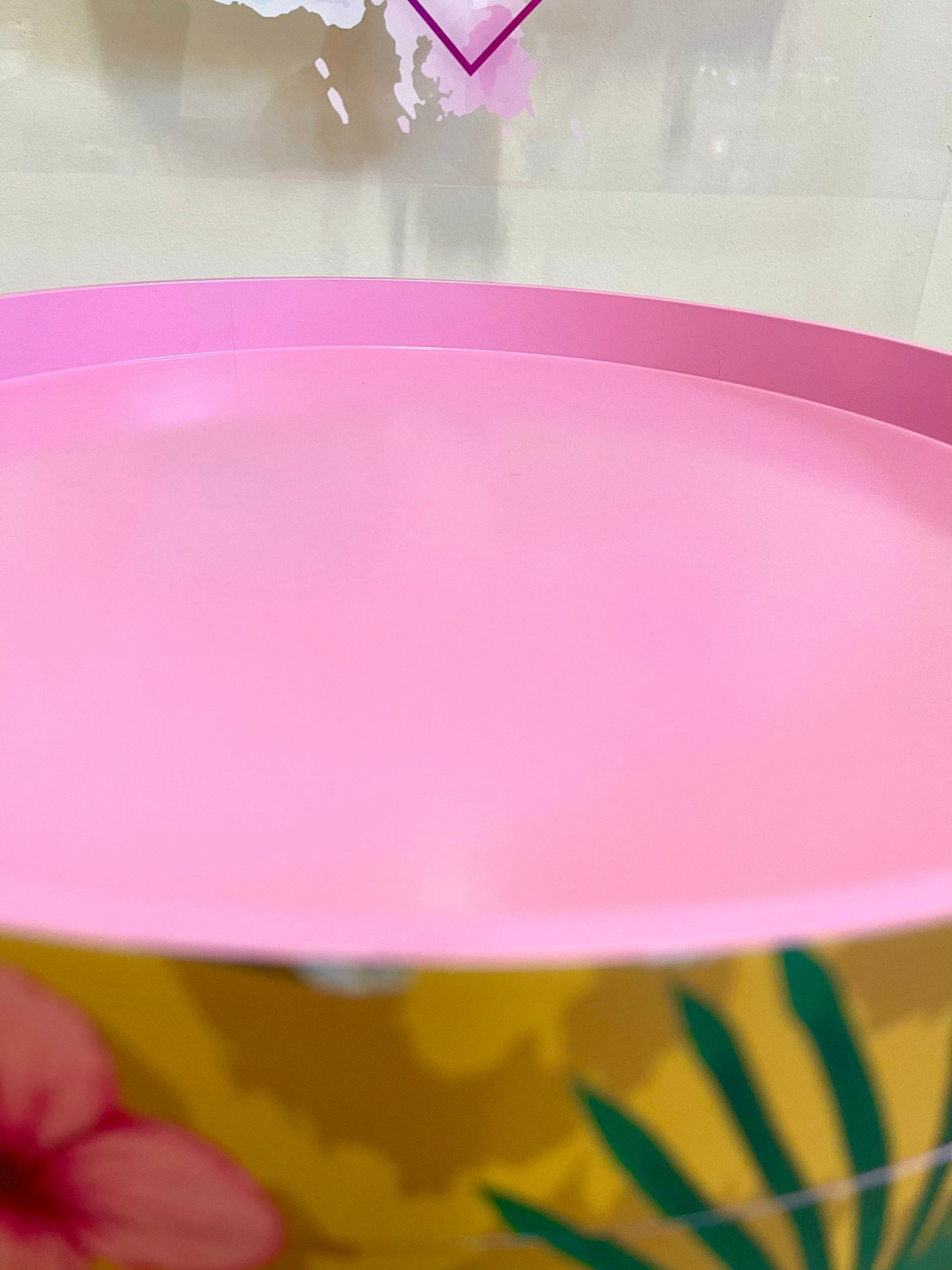 Flocking Fab - Yellow Round eclectic yellow nightstand with tropical design, mustard bedside table with built in drawer