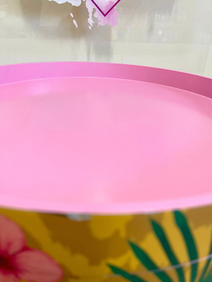 Flocking Fab - Yellow Round eclectic yellow nightstand with tropical design, mustard bedside table with built in drawer