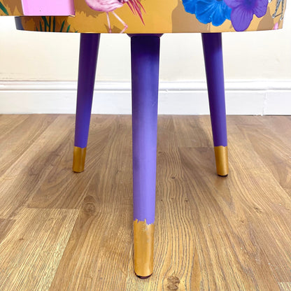 Flocking Fab - Yellow Round eclectic yellow nightstand with tropical design, mustard bedside table with built in drawer