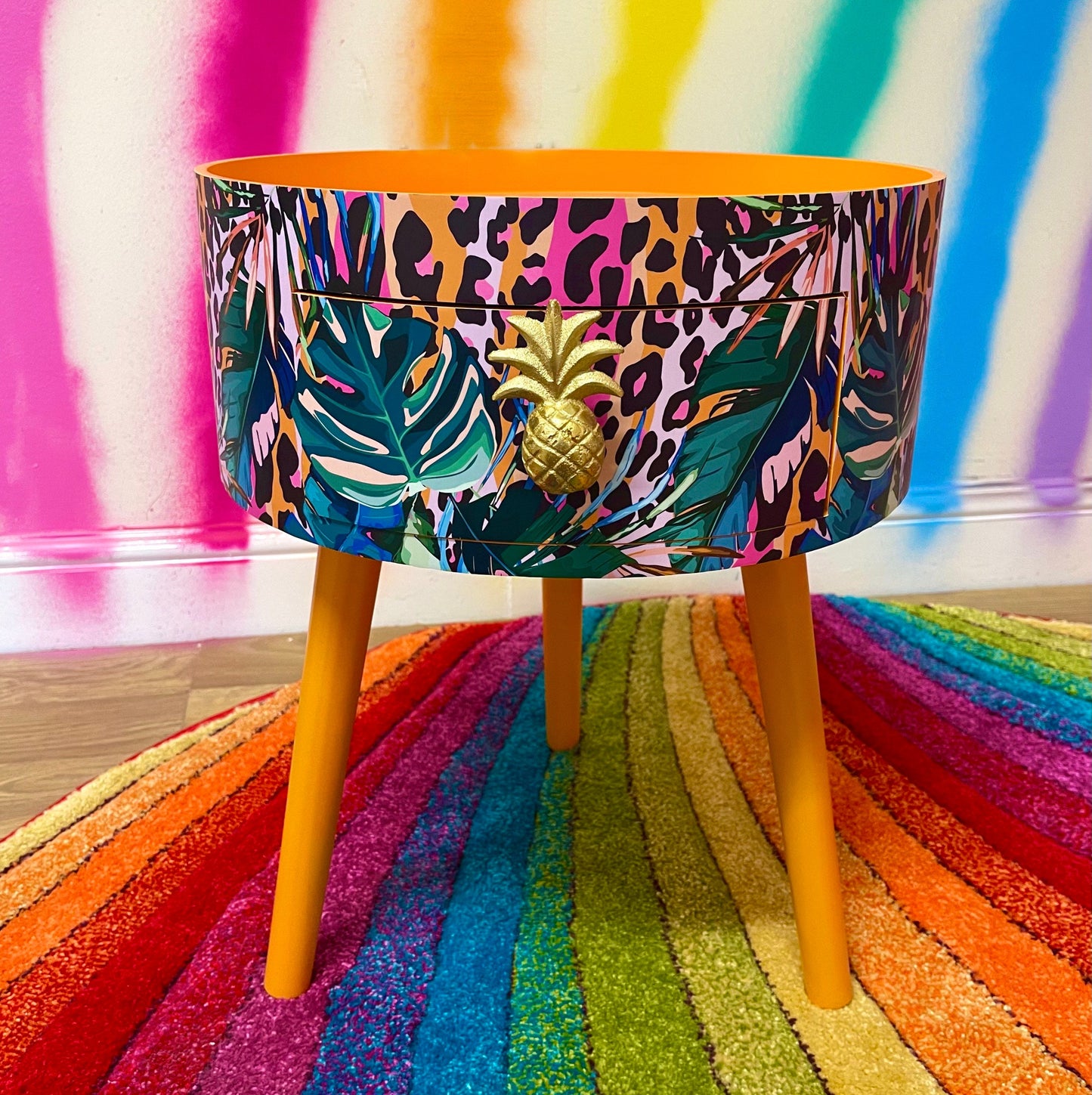 Leopard with Palm - Orange and Hot Pink coffee table , tropical and orange leopard print , Animal and floral print.  Round table with three legs, built in drawer