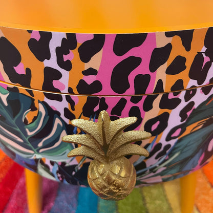 Leopard with Palm - Orange and Hot Pink coffee table , tropical and orange leopard print , Animal and floral print.  Round table with three legs, built in drawer