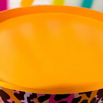 Leopard with Palm - Orange and Hot Pink coffee table , tropical and orange leopard print , Animal and floral print.  Round table with three legs, built in drawer