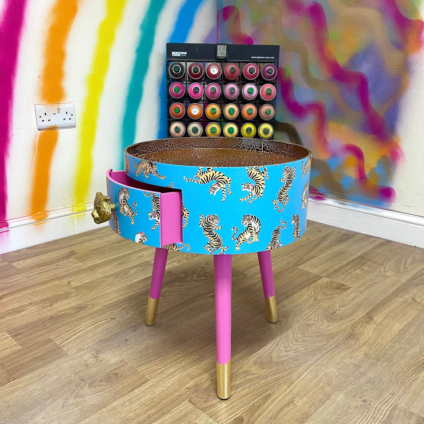 Tiger Table - Turquoise side table for bedroom, pink safari nursery decor girl, animal print tray top end tables with drawer, teenage girl room decor