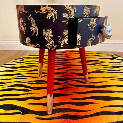 Tiger Table - Black and red nightstand with tiger design, Eclectic design, Fun Bright Home Decor. Side table with storage drawer