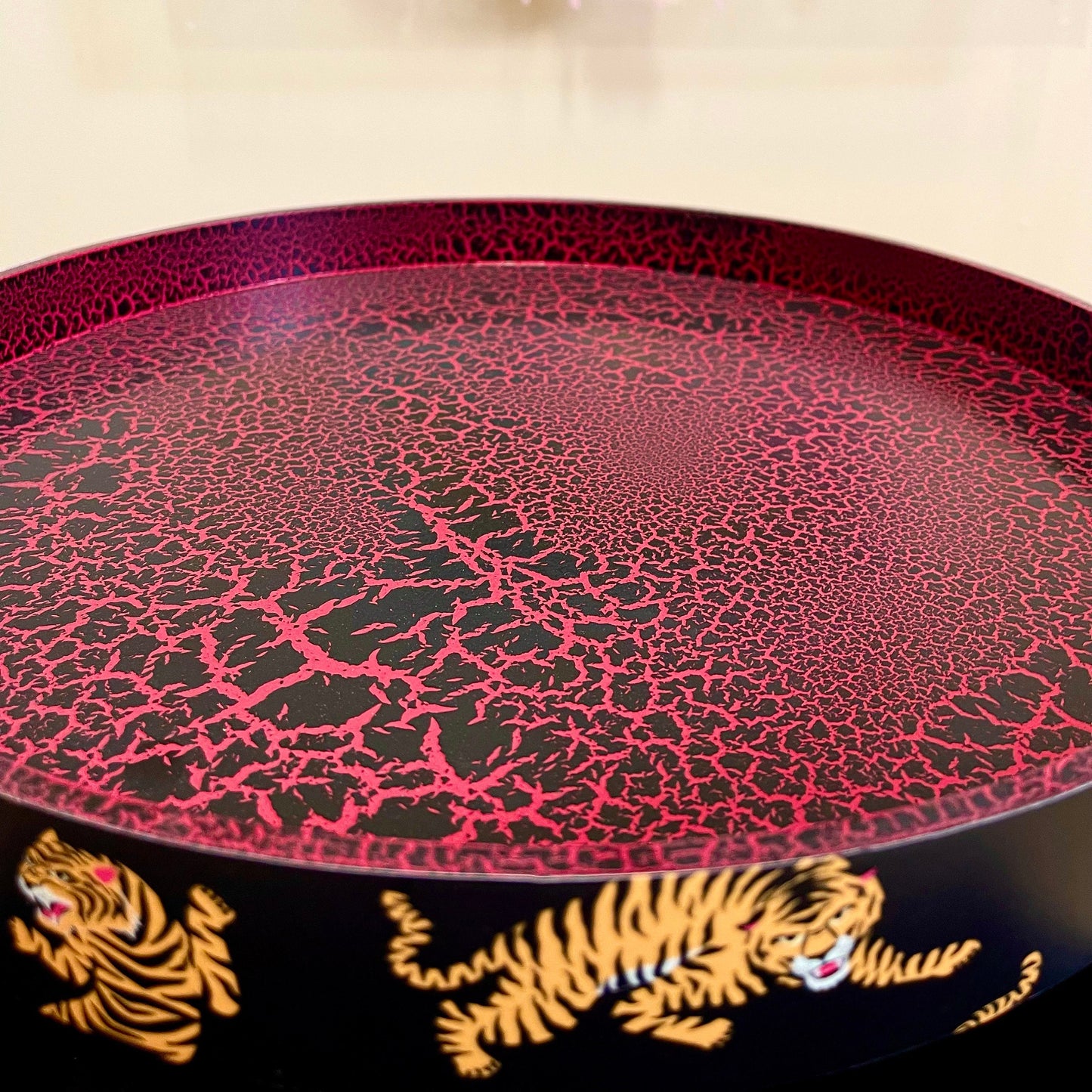 Tiger Table - Black and red nightstand with tiger design, Eclectic design, Fun Bright Home Decor. Side table with storage drawer