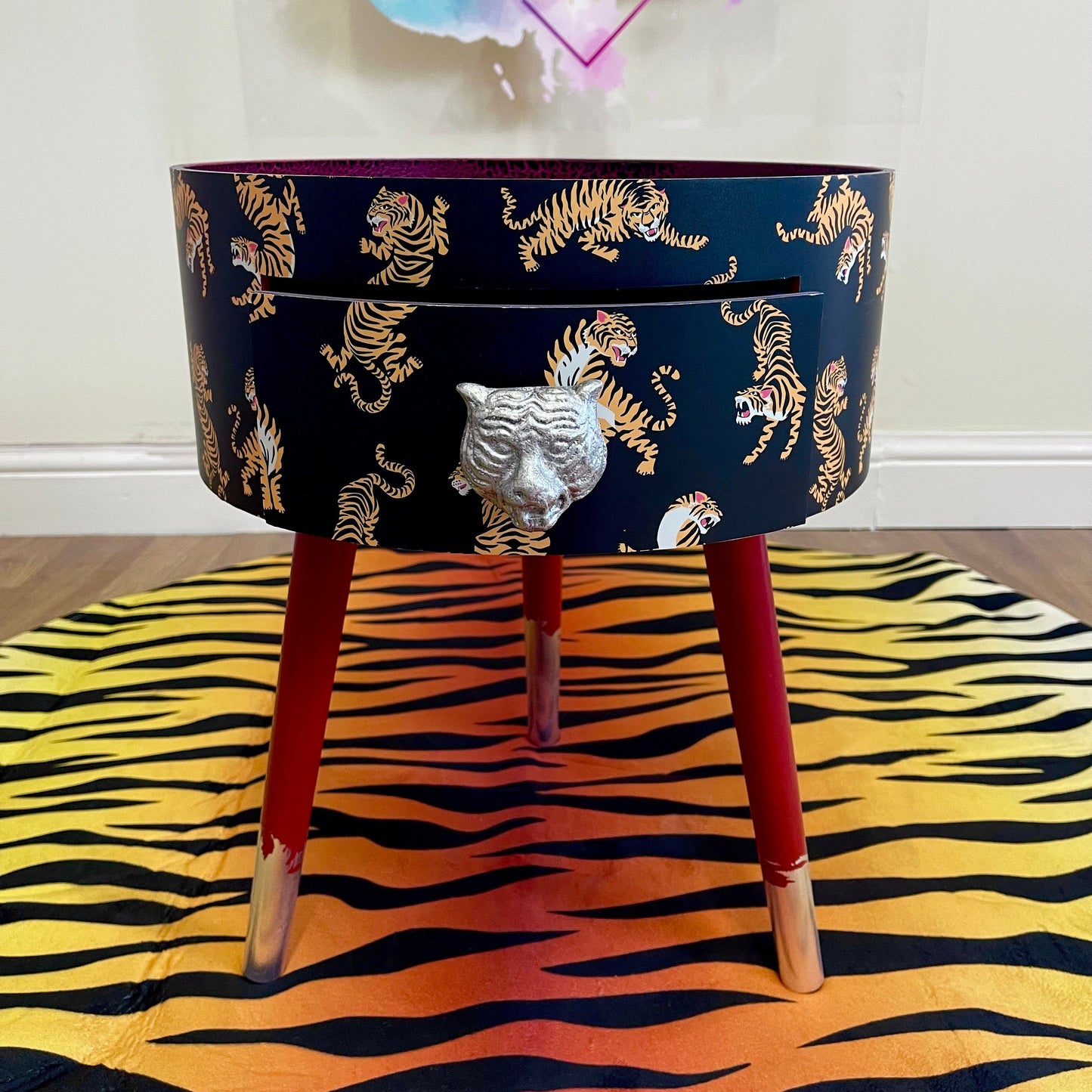 Tiger Table - Black and red nightstand with tiger design, Eclectic design, Fun Bright Home Decor. Side table with storage drawer
