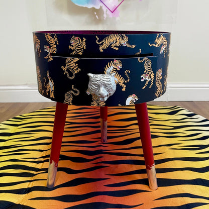Tiger Table - Black and red nightstand with tiger design, Eclectic design, Fun Bright Home Decor. Side table with storage drawer