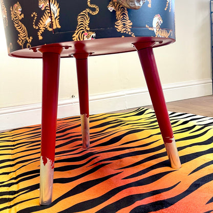 Tiger Table - Black and red nightstand with tiger design, Eclectic design, Fun Bright Home Decor. Side table with storage drawer