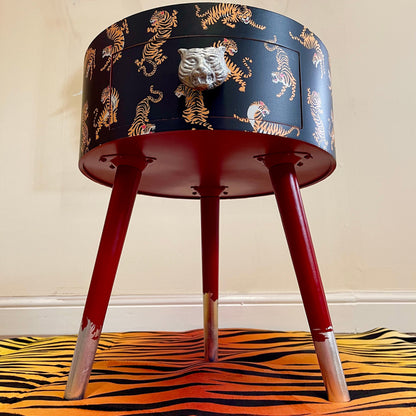 Tiger Table - Black and red nightstand with tiger design, Eclectic design, Fun Bright Home Decor. Side table with storage drawer