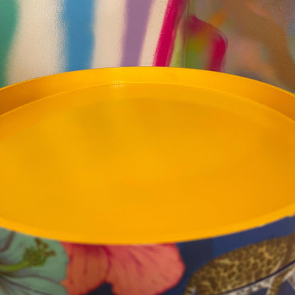 Flocking Fab - Navy Round bedside table with drawer, navy and yellow nightstand with tropical and leopard design.  Blue side table with storage, eclectic table